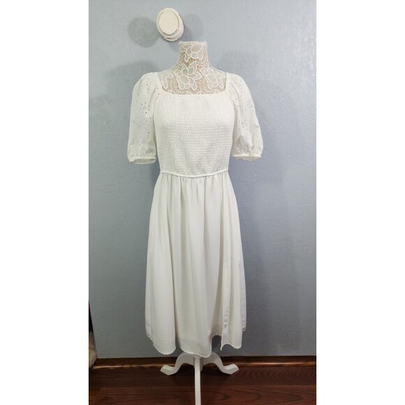 Maurices White Midi Dress With Eyelet Puff Sleeves & Smocked Bodice - Picture 1 of 7